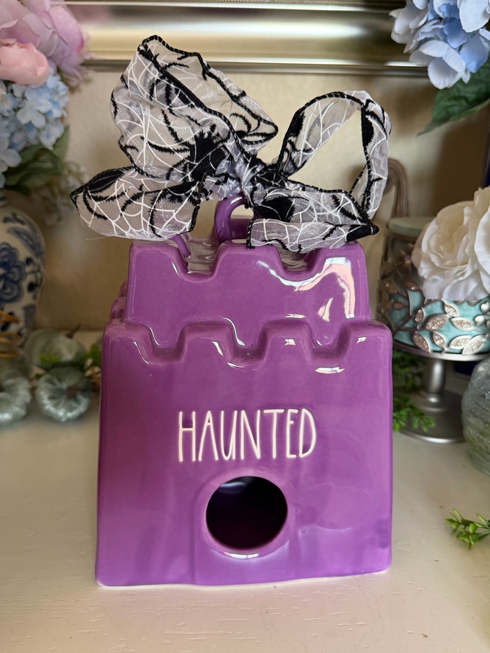 Rae Dunn “Haunted” Castle Purple Ceramic bird house Halloween decor